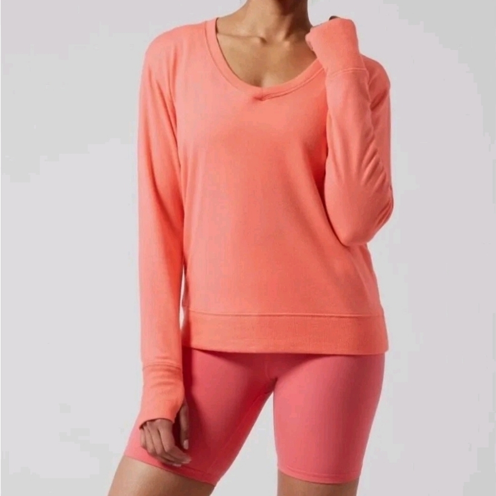 Athleta Sunrise Coral VNeck Y2K Athleisure Loungewear Sweatshirt Women's Size S
